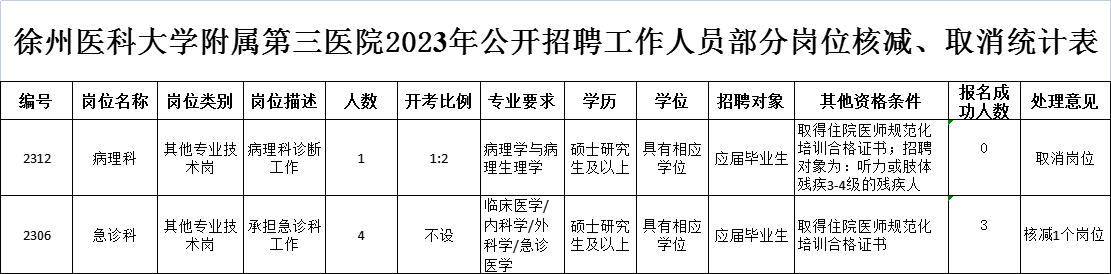 徐州醫(yī)科大學(xué)附屬第三醫(yī)院2023年公開(kāi)招聘工作人員部分崗位核減、取消統(tǒng)計(jì)表